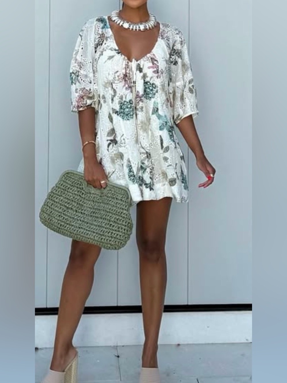 Olivaceous White Mini Skirt with Green Floral Eyelet Print